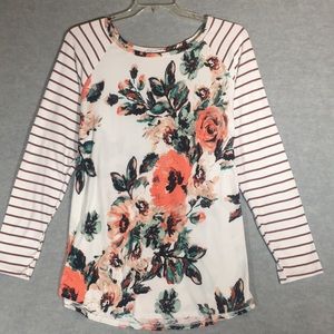 REBORN J. “The Plus” Buttery Soft Comfy Floral & Striped Long Line HiLo Tunic